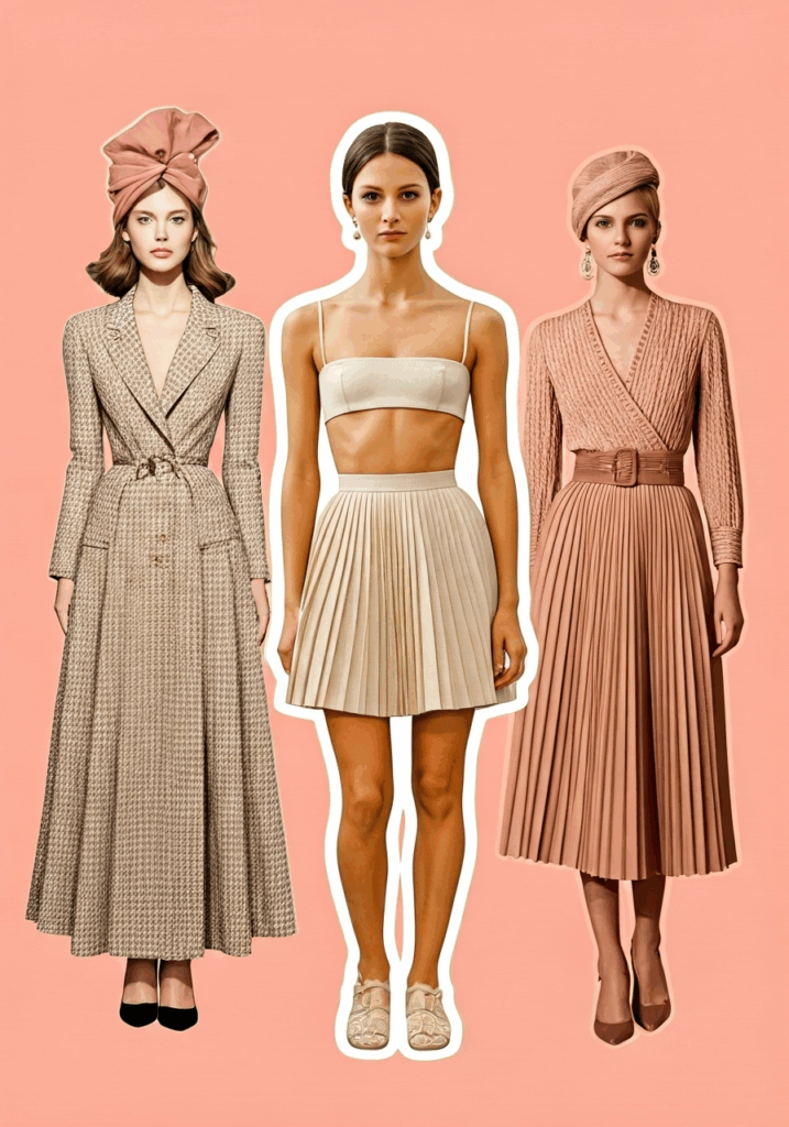 Donne degli anni ’50-’70 con abiti in stile New Look, minigonne e look hippie colorati.