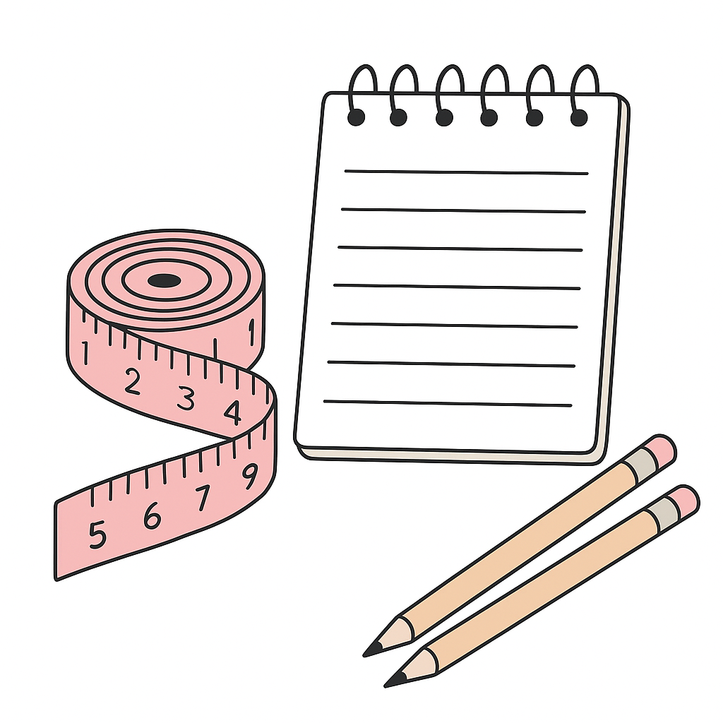 Illustrazione con metro a nastro, block notes e matite su sfondo bianco, utile per lezioni di sartoria e rilevamento misure.