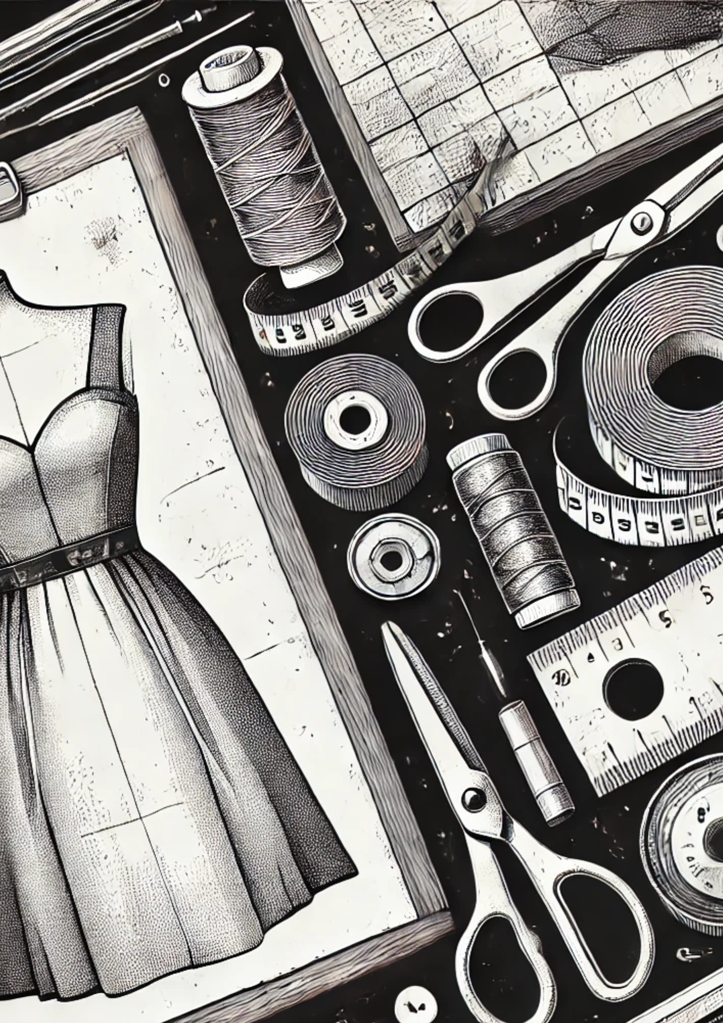 Strumenti da sartoria su sfondo nero con disegno di abito elegante