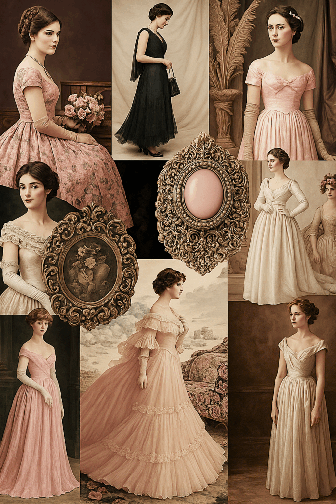 Ritratti vittoriani che illustrano l’evoluzione della moda nel XIX secolo, con abiti eleganti e dettagli caratteristici dell’epoca.